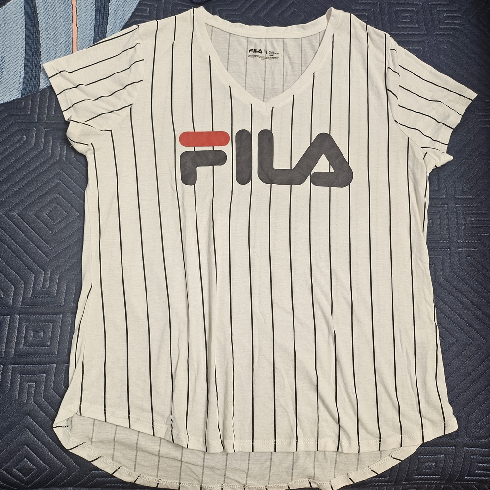 Fila Heritage Women's Navy Blue Striped Short Sleeve Top in Large